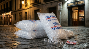 sacas de hielo en cubitos en medio de la calle de madrid