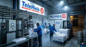 operarios fabricando hielo en la base de telehielo